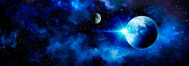 끝없는 우주에 행성과 별이 있는 아름다운 푸른 우주