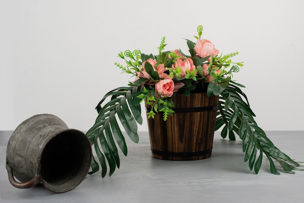 Beautiful bouquet of flowers on grey table