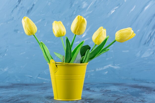 Beautiful bouquet of fresh yellow tulips on blue .