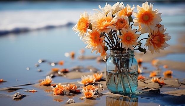 Free photo a beautiful bouquet of yellow flowers on a wooden table generated by artificial intellingence