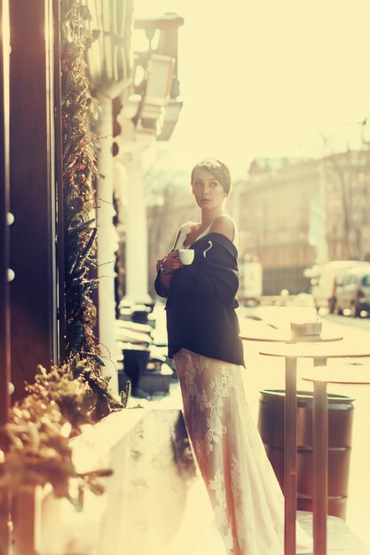 Beautiful bride in an elegant white wedding dress 