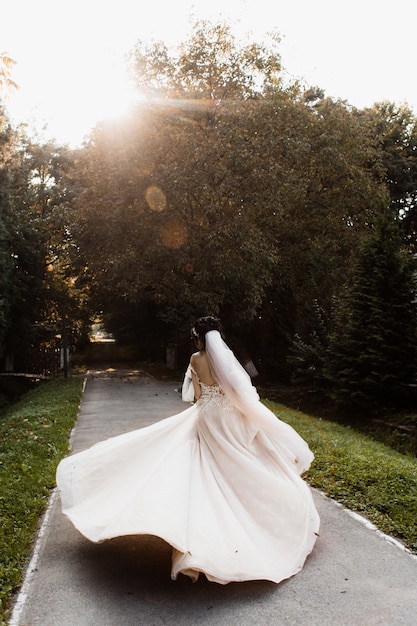 Beautiful bride swirls on a path