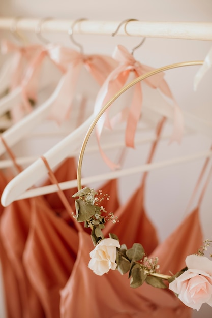 Beautiful bridesmaids dresses in hangers