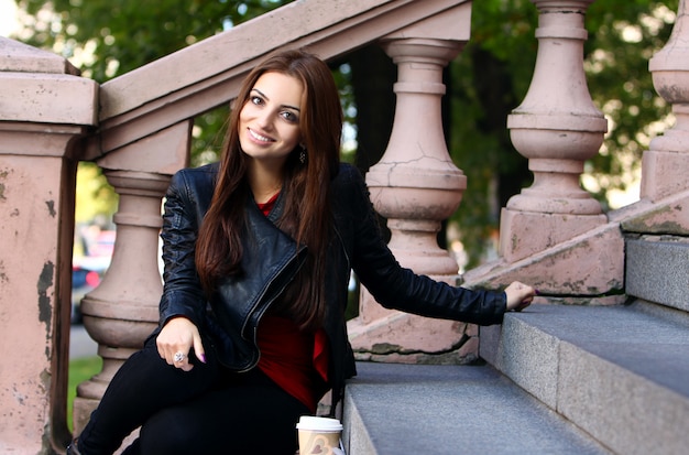 Beautiful brunette on the stairs