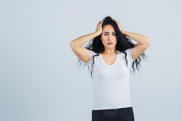 Beautiful brunette woman being worried