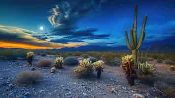 Foto gratuita bella pianta di cactus con paesaggio desertico e notte