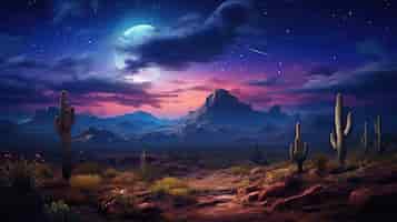 Foto gratuita bella pianta di cactus con paesaggio desertico e notte