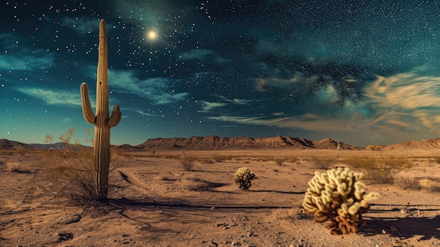 Free photo beautiful cacti plant with desert landscape and night time