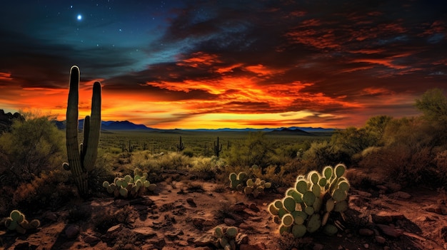 Bella pianta di cactus con paesaggio desertico e notte