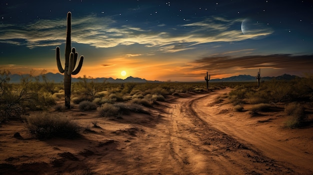 Beautiful cacti plant with desert landscape and sunset