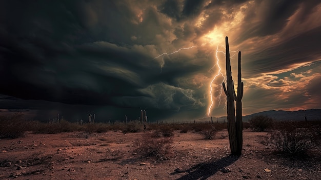 Free photo beautiful cacti plant with desert landscape and thunderstorm