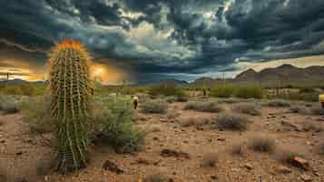 Free photo beautiful cacti plant with desert landscape and thunderstorm