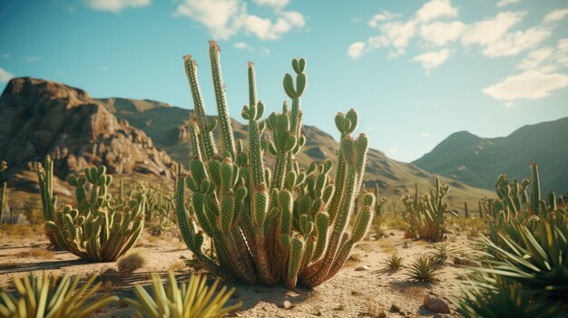 Красивое растение кактуса с пустынным пейзажем