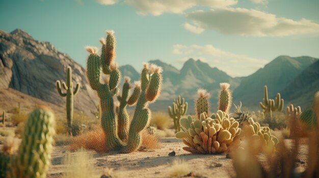 砂漠の風景の美しいカクティ植物