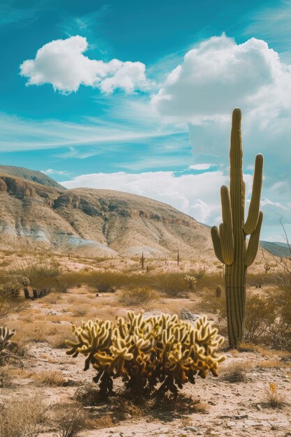 사막 풍경 을 가진 아름다운 티 식물