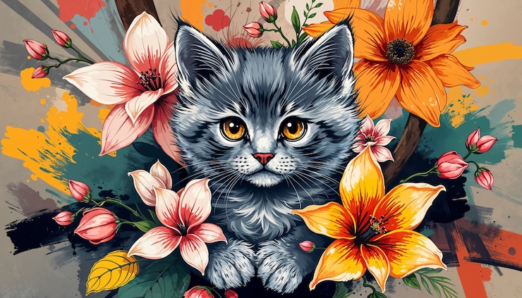 Free Photo beautiful  cat and flowers wallpaper