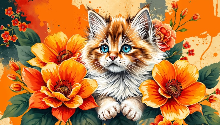 無料Photo 美しい猫と花の壁紙