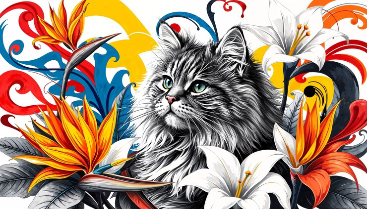 Free Photo beautiful  cat and flowers wallpaper