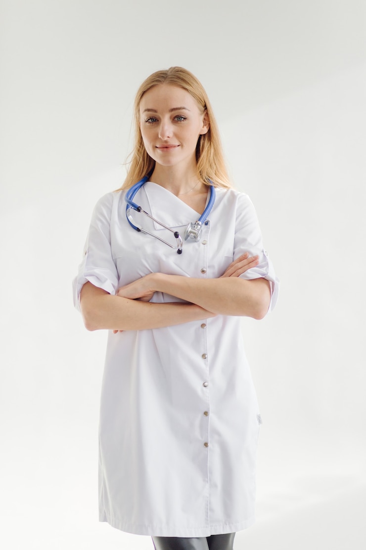 Free Photo beautiful caucasian blonde woman wearing doctor stethoscope