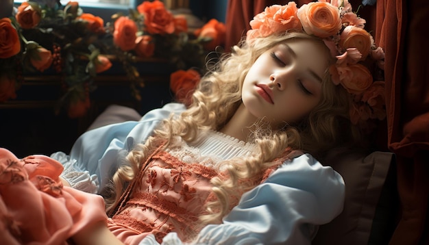 A beautiful Caucasian girl dressed as a princess sleeping peacefully generated by artificial intelligence