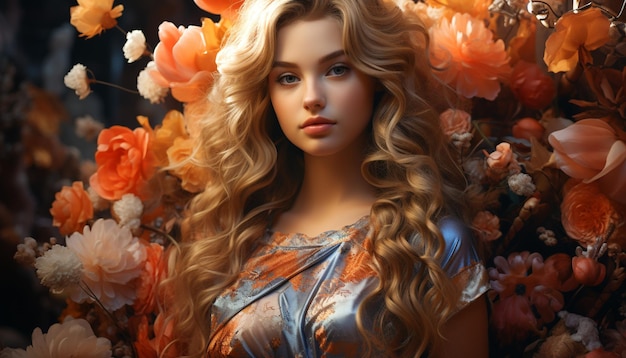 Free photo beautiful caucasian woman with long blond curly hair looking at camera generated by artificial intellingence