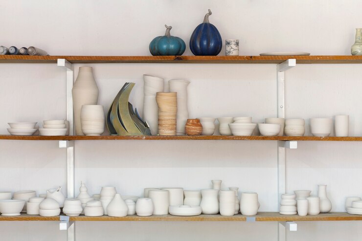 Free Photo beautiful ceramic vases on shelves