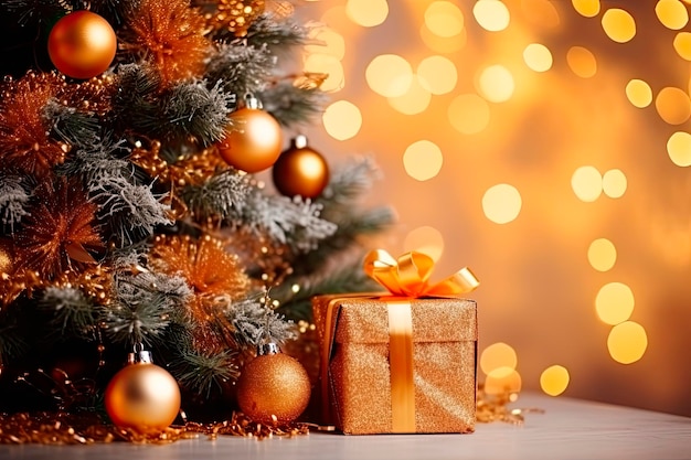 흐릿한 배경에 선물과 크리스마스 트리로 구성된 아름다운 크리스마스 구성이 보입니다.