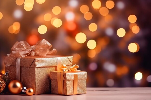 beautiful christmas composition of gifts and a Christmas tree is visible against the blurred background.