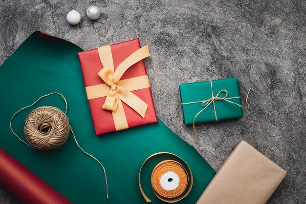 Beautiful christmas gifts on marble background