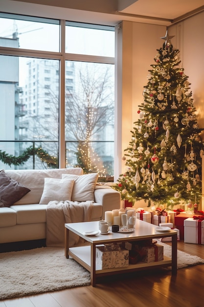 Free photo beautiful christmas tree in elegant interior