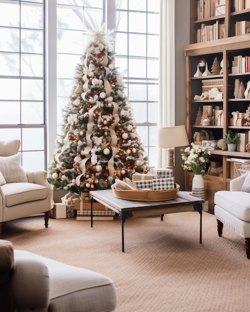 Free photo beautiful christmas tree in elegant interior