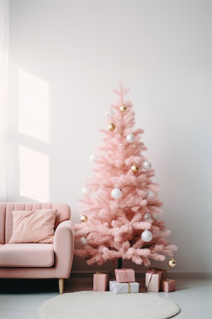 Free photo beautiful christmas tree with armchair