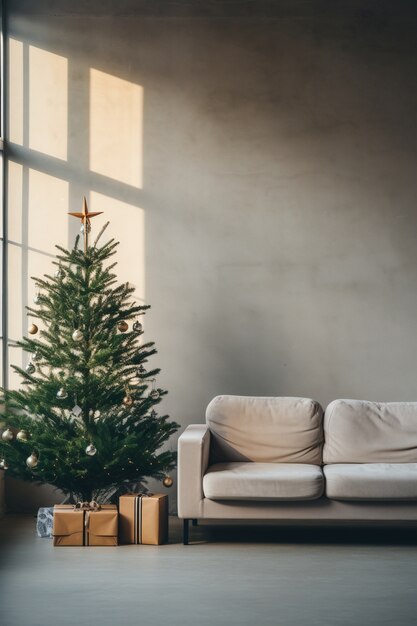 ソファのある美しいクリスマスツリー