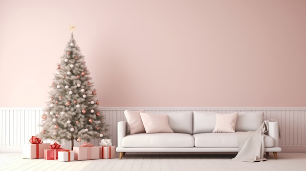 Free photo beautiful christmas tree with couch