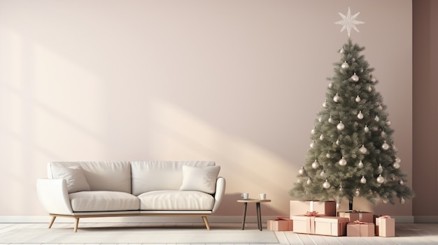 Free photo beautiful christmas tree with couch