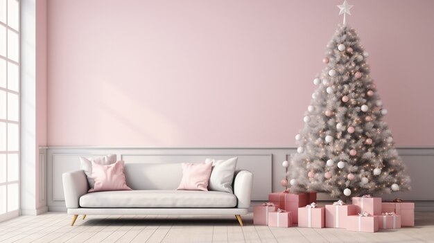 Free photo beautiful christmas tree with couch