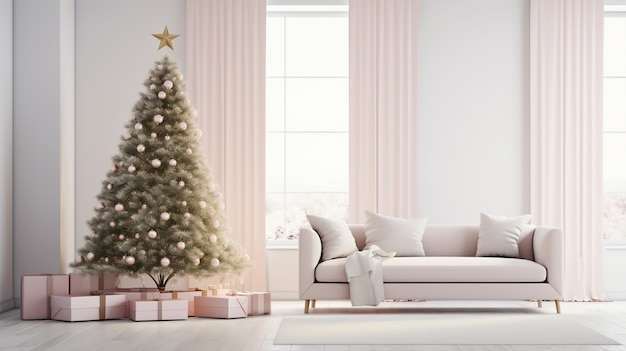 Free photo beautiful christmas tree with couch