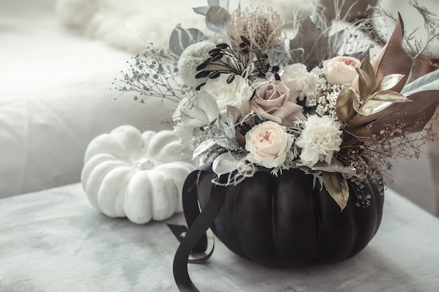 Beautiful composition of flowers in the interior of the room