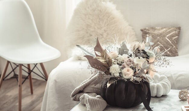 Beautiful composition of flowers in the interior of the room