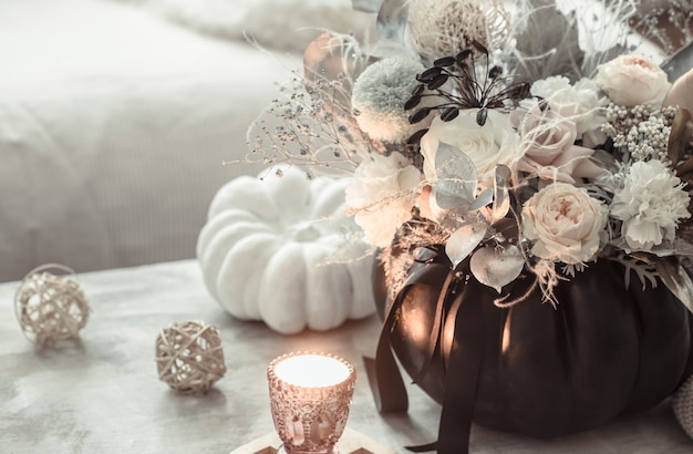 Beautiful composition of flowers in the interior of the room