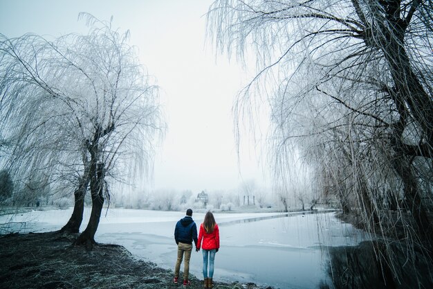 公園の凍った川の近くでポーズをとる美しいカップル