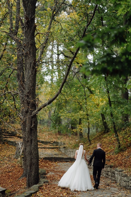 結婚式の日にポーズ美しいカップル