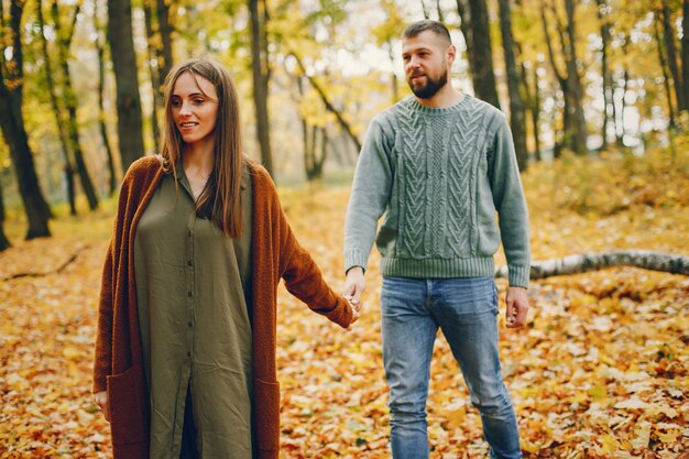 美しいカップルは秋の公園で過ごす