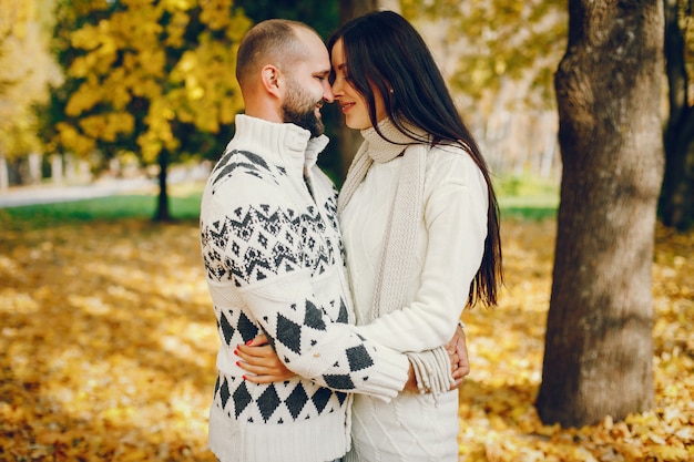 Beautiful couple spend time in a autumn park