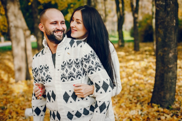 Beautiful couple spend time in a autumn park