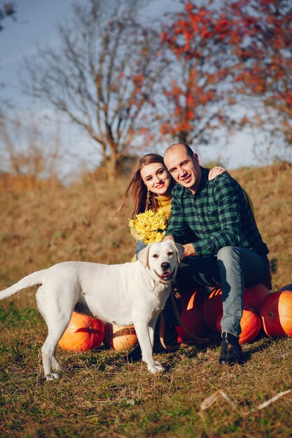 Beautiful couple spend time in an autumn park