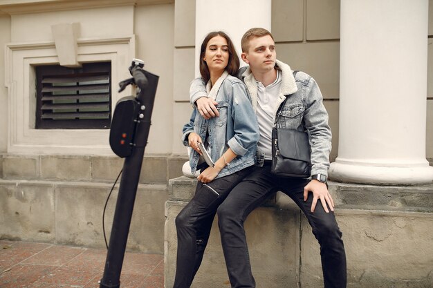 Beautiful couple spend time in the street