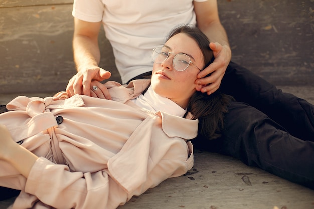 Free photo beautiful couple spend time on a summer forest