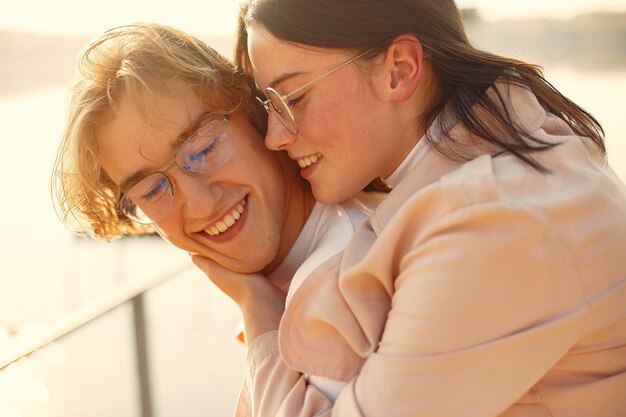 Beautiful couple spend time on a summer park