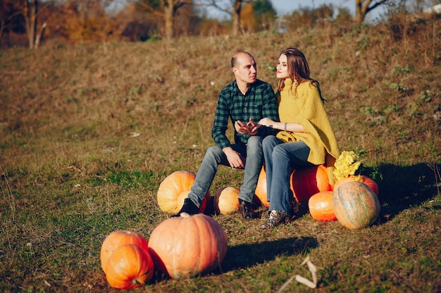 beautiful couple spends time in an autumn park 